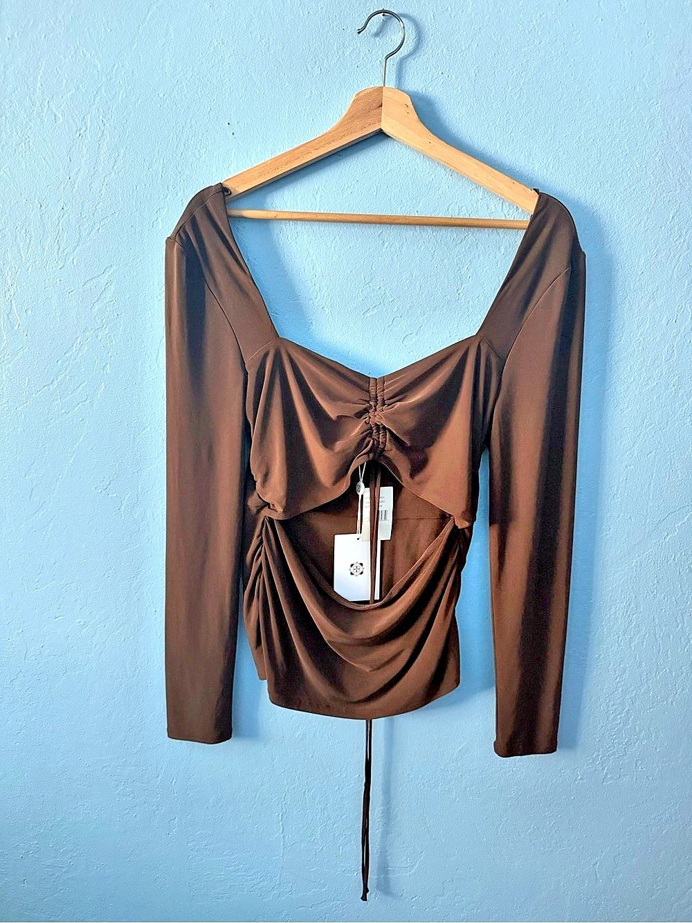 WAYF Ruched Draped 3/4 Sleeve Top in Brown Size Medium NWT